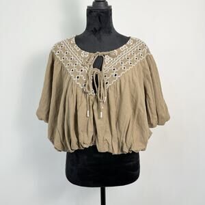 Free People Joni Bubble Hem Cropped Embroidered Top Size M‎ Tan Linen Viscose